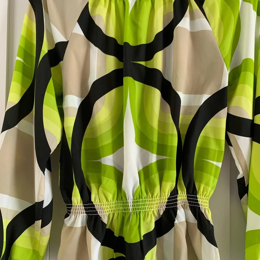 Michael Kors Womens Blouse Medium Green Abstract Print Peasant Boho Long Sleeve